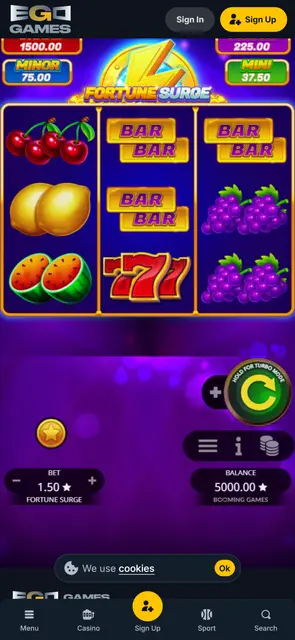 Automat Fortune Surge v demo režimu v mobilní verzi EgoGames